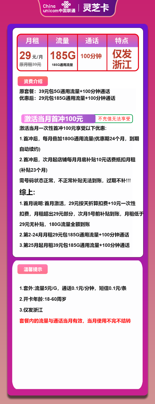 【超大流量】联通灵芝卡，29元包185G全国通用流量+100分钟通话，免费申请