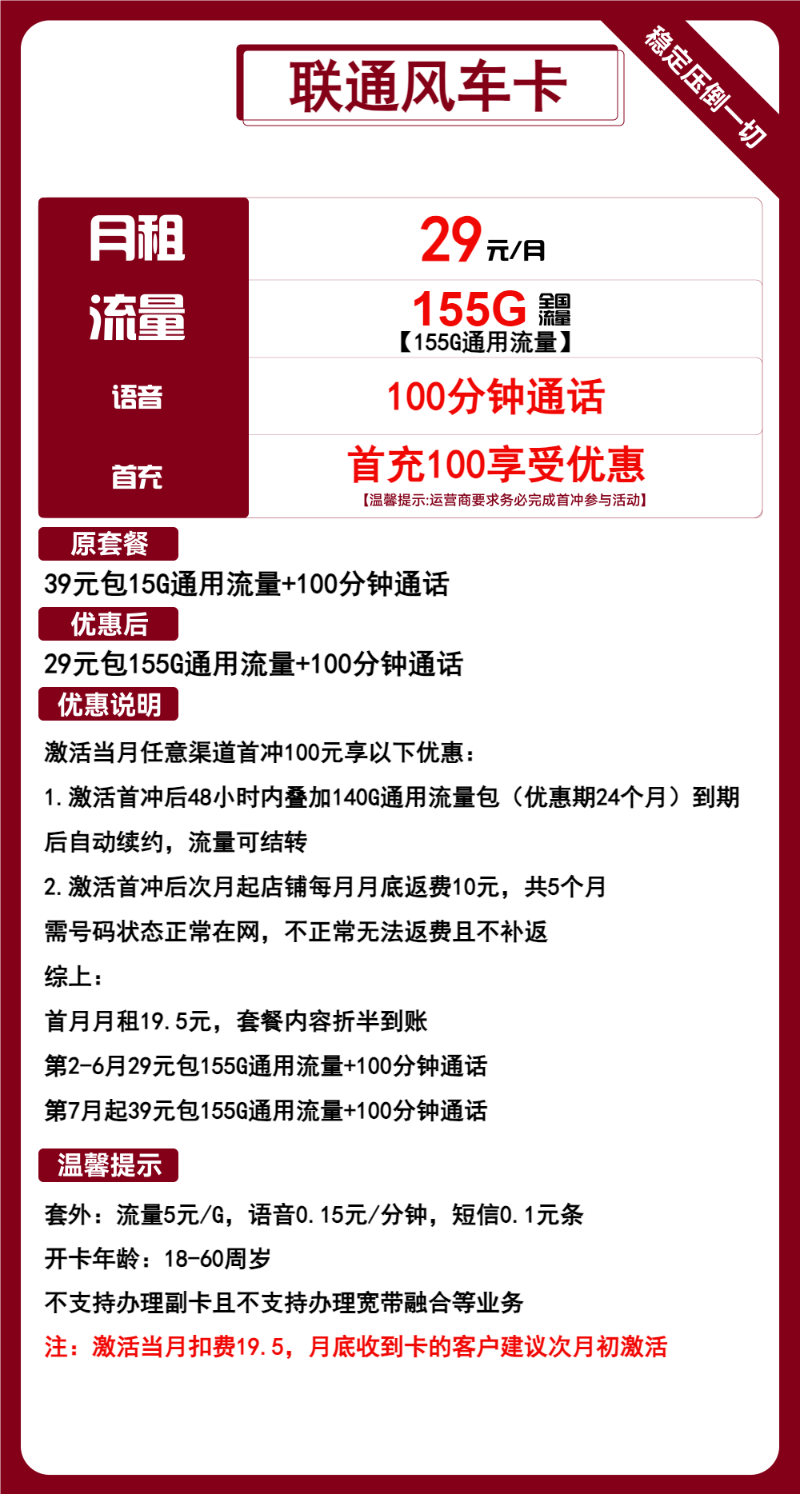 【联通风车卡】29元包155G全国通用流量+100分钟通话，流量可结转