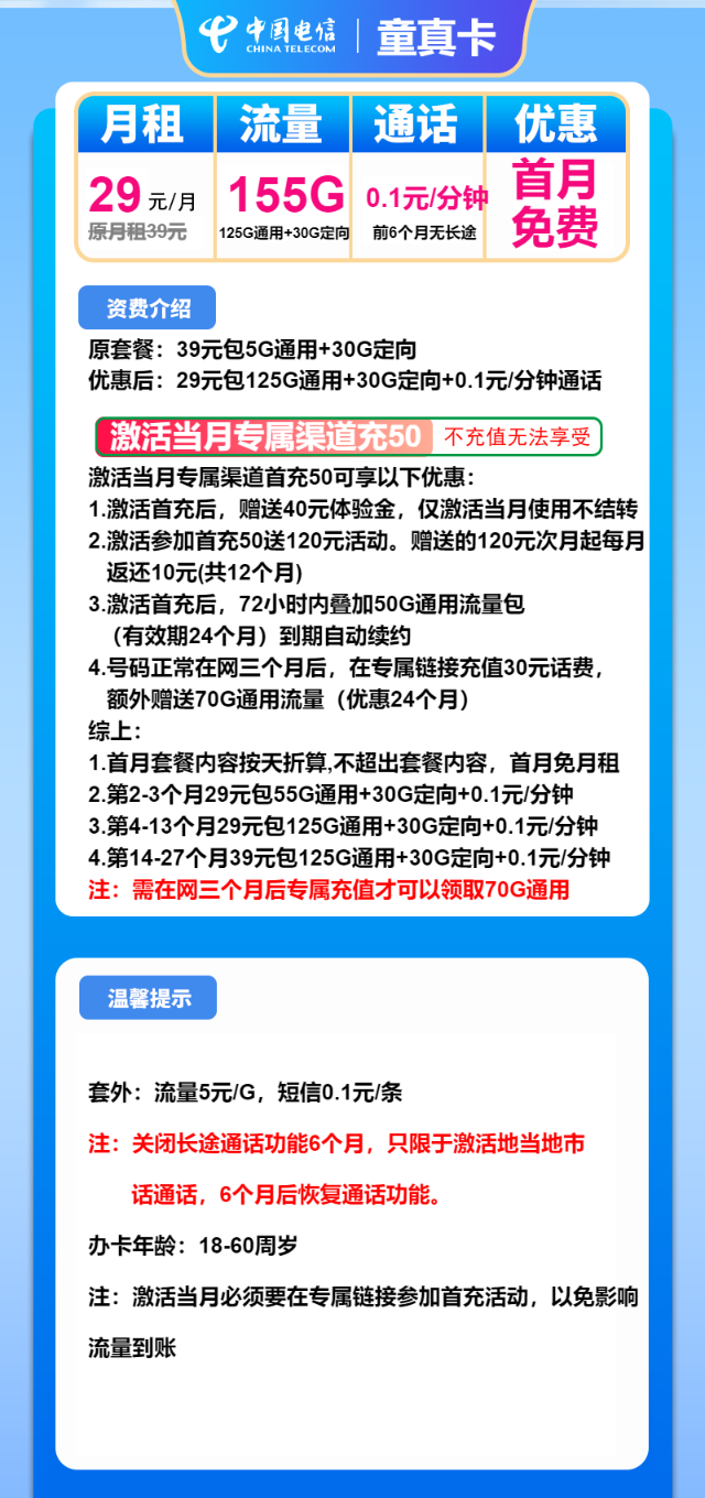 【超大彩蛋】电信童真卡，29元包155G全国流量，首月免月租