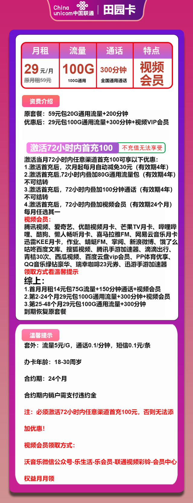 【会员免费领】联通田园卡，29元包100G全国流量+300分钟通话，免费申请