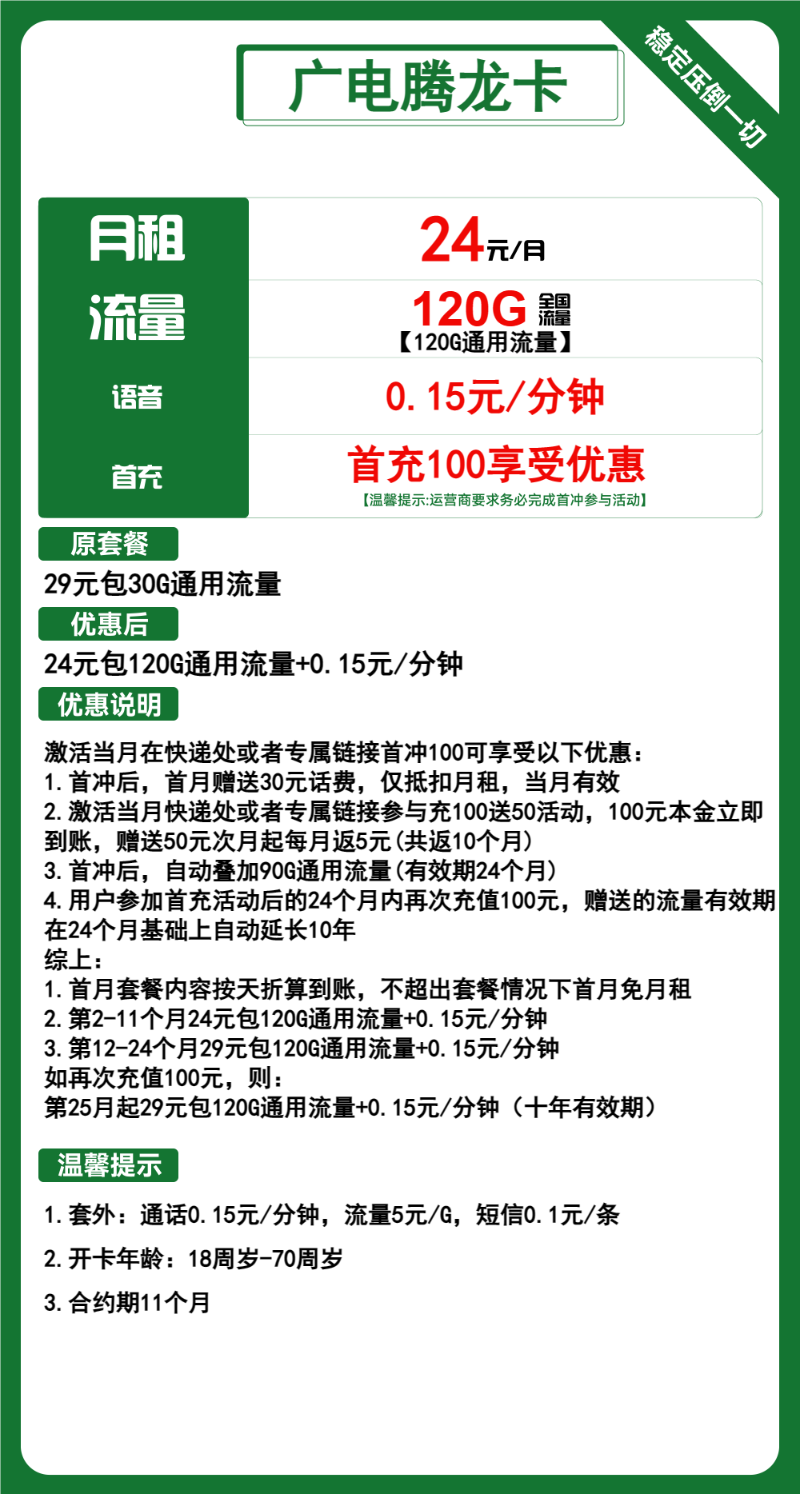 【可办副卡】广电腾龙卡，24元包120G全国通用流量，首月免月租，下单选号，收货地即归属地，可办理2张副卡