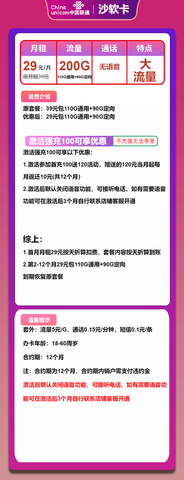 【超大流量来袭】联通沙软卡，29元包200G全国流量，长期优惠，免费申请