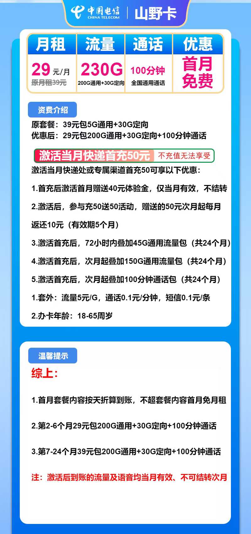 【超值套餐】电信山野卡，29元包230G全国流量+100分钟通话，首月免月租