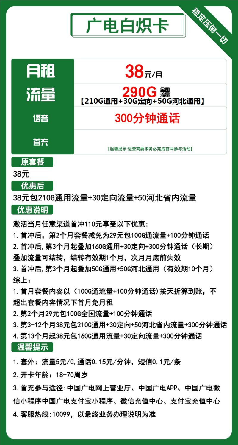 【好卡推荐】广电白炽卡，38元包290G全国流量+300分钟通话，首月免月租，流量可结转