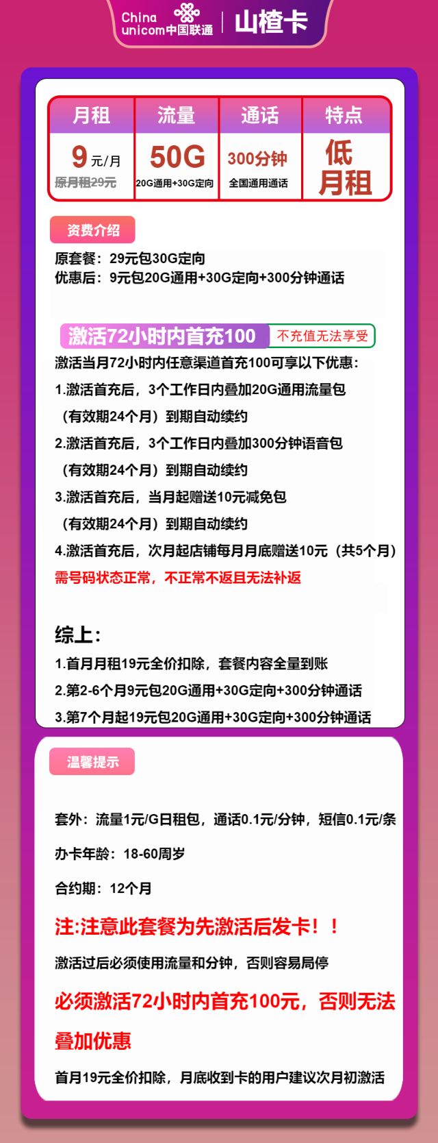 【长期19元月租】联通山楂卡，长期19元包50G全国流量+300分钟通话，现在下单前半年9元